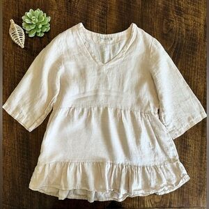 Laura Bianchi | 100% Italian Linen V-Neck Ruffle Blouse, 3/4 Sleeves, Color Sand